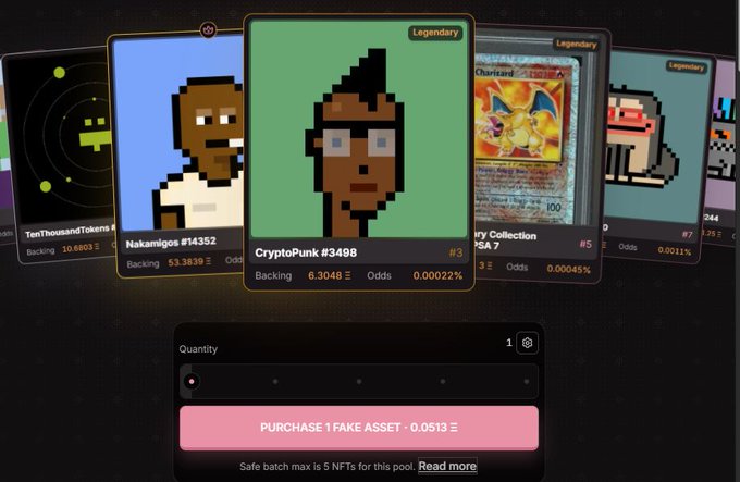 A digital marketplace interface displays various NFT collectibles, including CryptoPunk #3498 and Nakamigos #14352, with a 'PURCHASE 1 FAKE ASSET · 0.0513' button at the bottom.