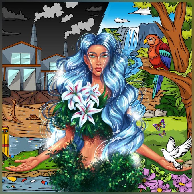 A fantasy illustration of a blue-haired woman with flowers and greenery emerging from her body, set against a split background showing an industrial factory on one side and a lush natural scene with a macaw, butterfly, and dove on the other.