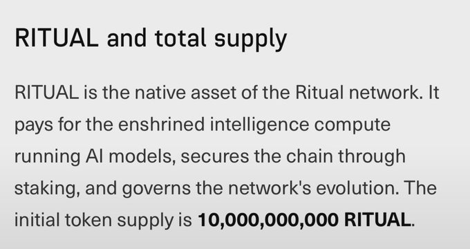 An informational slide titled 'RITUAL and total supply' explains that the RITUAL token is the native asset of the Ritual network, with an initial supply of 10,000,000,000.