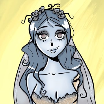 A sketch-style drawing of a girl with a flower crown and wavy hair with an open-mouthed expression against a yellow background.