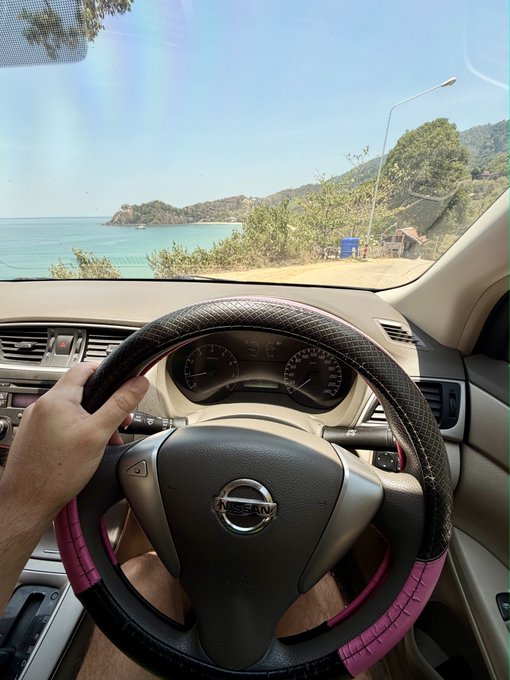 A first-person view from the driver's seat of a Nissan vehicle, showing the steering wheel and a scenic coastal road view ahead with turquoise water and mountains.