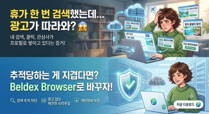 A Korean-language advertisement for 'Beldex Browser' addressing users concerned about search history and ads, encouraging them to switch to an ad-free, privacy-focused browsing solution.