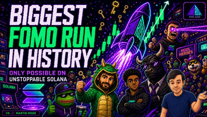 A vibrant promotional banner declares "BIGGEST FOMO RUN IN HISTORY — ONLY POSSIBLE ON UNSTOPPABLE SOLANA" with "FOMO FUEL" branding in the corner, featuring cartoon characters and crypto-themed imagery. The post celebrates the launch of "FOMO RUSH" on Solana alongside a $5,000 USDC user-generated content campaign with Superteam, tying directly to the banner's message of being part of a historic crypto event.