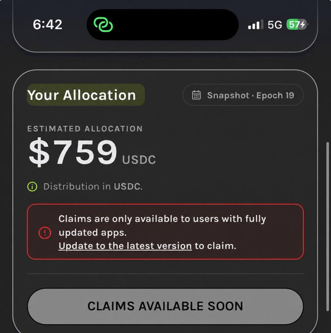 The image shows a "Your Allocation" screen displaying an estimated allocation of $759 USDC from Snapshot Epoch 19, with a notice that claims require updating to the latest app version and a "Claims Available Soon" button. This supports the post's claim of a $759 $GRASS allocation awaiting claims.