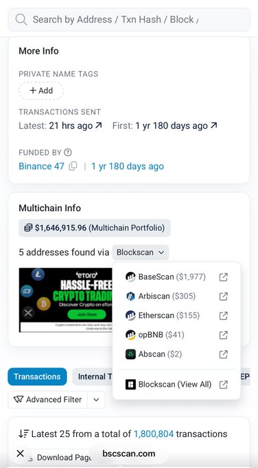 A blockchain explorer page shows wallet details including "$1,646,915.96 (Multichain Portfolio)", funded by "Binance 47", with links to BaseScan, Arbiscan, Etherscan, opBNB, and Abscan.