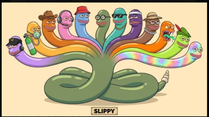 A colorful cartoon illustration features a green snake body with multiple human-like heads on tentacles wearing various hats, glasses, and accessories, signed 'SLIPPY' in a box at the bottom.