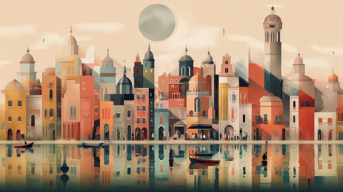 A stylized digital illustration of a coastal city with diverse domes, towers, and buildings in warm earthy tones, reflected in calm water below under a pale sun.