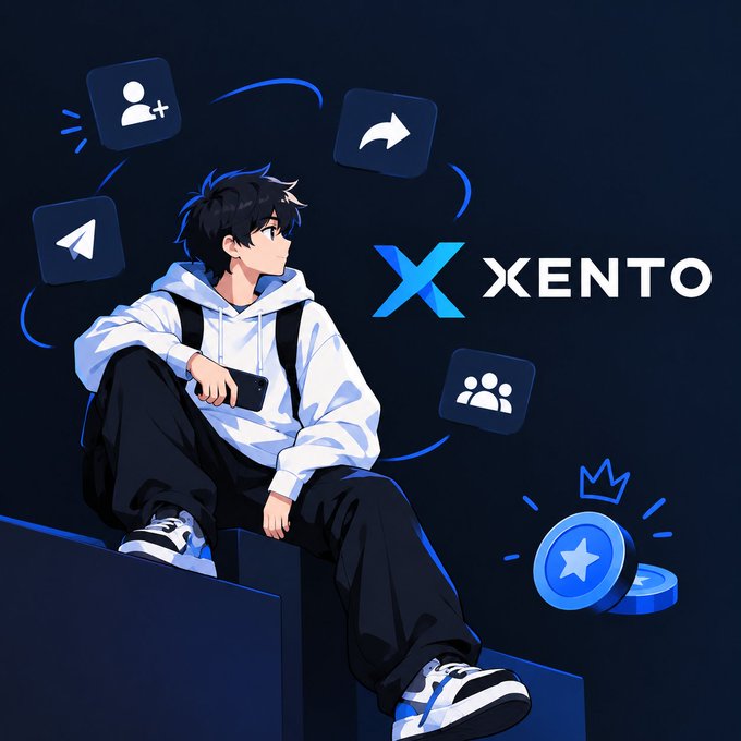 An anime-style illustration of a young man in a white hoodie sitting with a phone, surrounded by app icons and the 'X XENTO' logo with blue coin graphics.