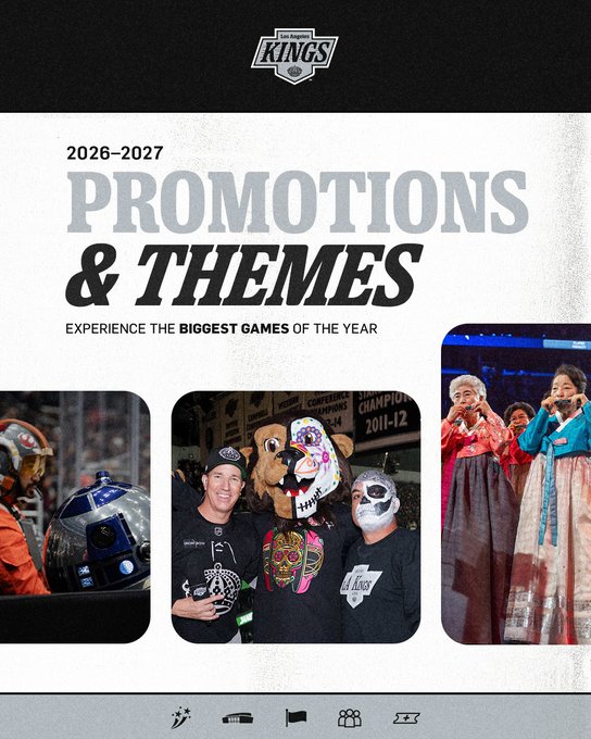 A promotional poster for the LA Kings' 2026-2027 season featuring "Promotions & Themes" with the tagline "Experience the Biggest Games of the Year," showcasing three photos of fans in costume including an astronaut, Day of the Dead face paint, and traditional Korean attire. The poster invites fans to purchase tickets at Crypto.com Arena for upcoming themed game nights throughout the hockey season.