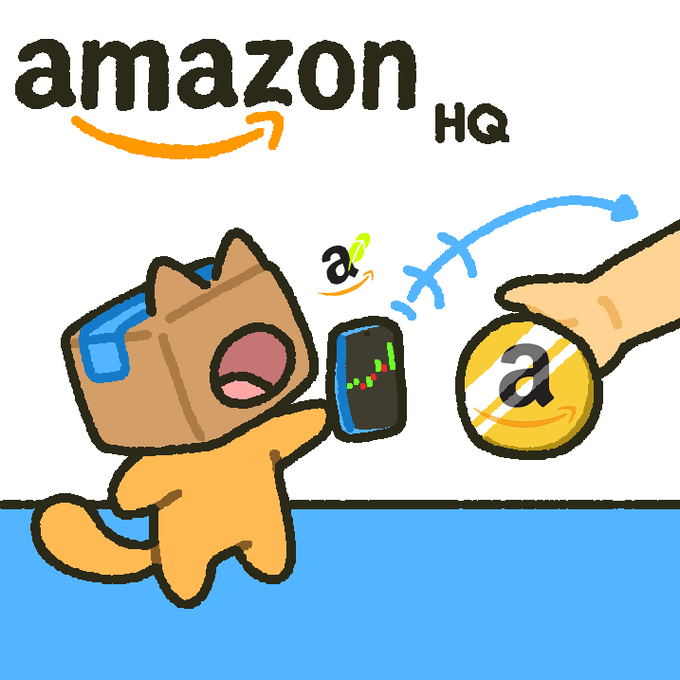 A cartoon illustration depicting a character in a cardboard box being offered Amazon coins, with the Amazon HQ logo in the top left corner.
