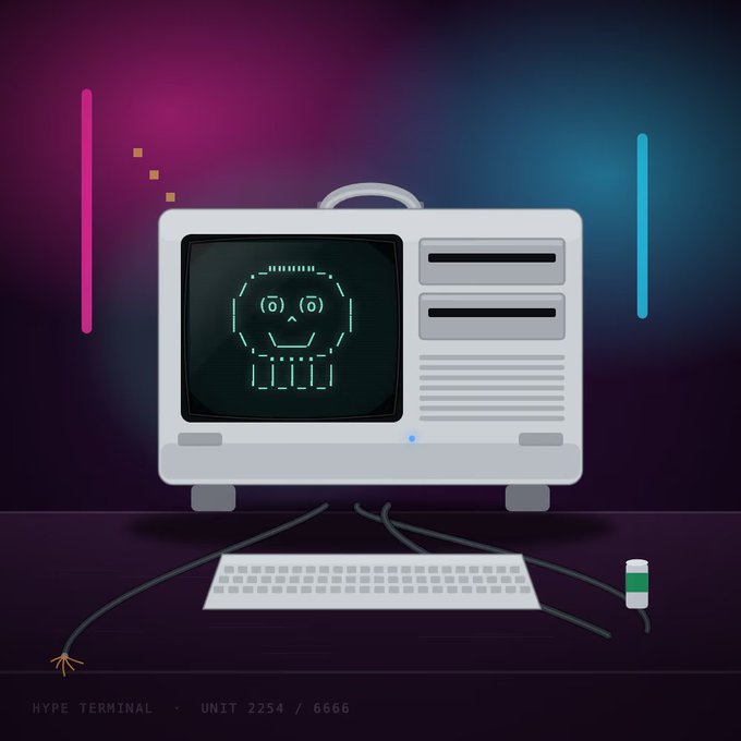 A digital illustration of a vintage computer displaying a pixelated smiling skull face on its screen, with 'HYPE TERMINAL - UNIT 2254 / 6666' text at the bottom.