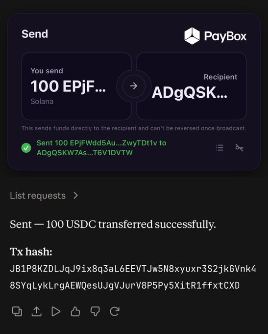 A screenshot from the PayBox platform showing a successful Solana transfer of "100 EPjFWdd5Au..." (USDC) to a recipient address "ADgQSKW7As...T6V1DVTW," accompanied by a confirmation message stating "Sent — 100 USDC transferred successfully" with the full transaction hash displayed. This corroborates the post's story of someone sending $100 to a stranger who had been complaining about MoonPay.