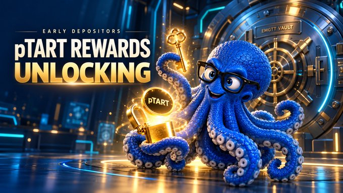 A promotional graphic featuring a cartoon blue octopus wearing glasses holding a golden key, with text 'EARLY DEPOSITORS pTART REWARDS UNLOCKING' next to an 'EMGTT VAULT' background.