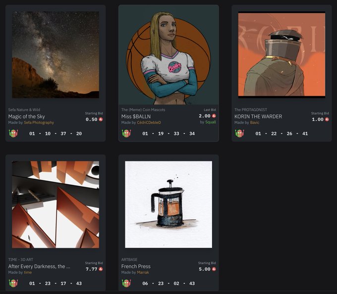 A digital art marketplace displays NFT listings including 'Magic of the Sky' by Sefa Photography (0.50), 'Miss SBALLN' (2.00), 'KORIN THE WARDER' (1.00), 'After Every Darkness, the...' (7.77), and 'French Press' (5.00) with countdown timers.