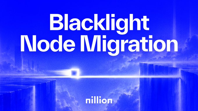 A blue, sci-fi style graphic with the headline "Blacklight Node Migration" and the "nillion" logo, visually introducing Nillion's announcement about node operators migrating to Ethereum L1 in preparation for the Blacklight L1 mainnet launch.