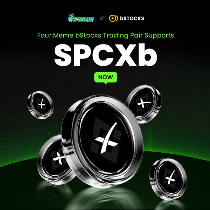 The image is a promotional graphic announcing that the Four.Meme bStocks Trading Pair now supports "SPCXb," featuring metallic coin-like tokens with an "X" symbol against a dark green background. The accompanying text confirms this news, stating that a new SPCX stock pool has been launched on Four.meme.