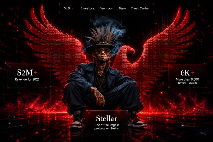 A website banner for SL8 features a man in a feathered hat and sunglasses seated between red glowing phoenix wings, highlighting a Stellar project with $2M revenue for 2025 and over 6,000 token holders.