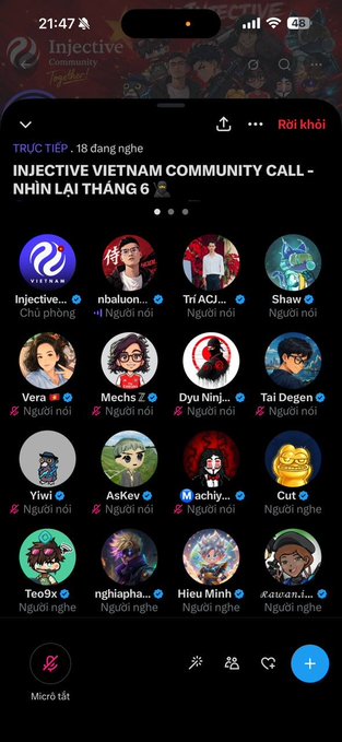 A Telegram chat screenshot of the Injective Vietnam Community group showing 18 active members with Vietnamese profile names like 'Injective Chủ phòng', 'Shaw', 'Degen', and 'Mochi'.
