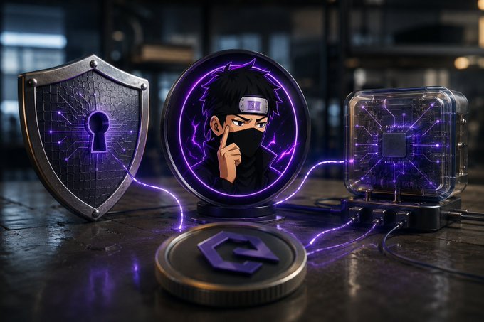 urn of purple liquid, a shield with a keyhole, and a coin with "G" on it are arranged on a dark wooden table.