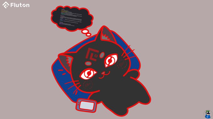 A cartoon black cat with red outlines stares intently at a screen displaying code in a thought bubble, visually symbolizing how on-chain "public intents" expose sensitive strategies and execution details to lurking observers—mirroring the post's warning that transparency on public chains leaks competitive information, which @FlutonIO addresses through Encrypted Intents.