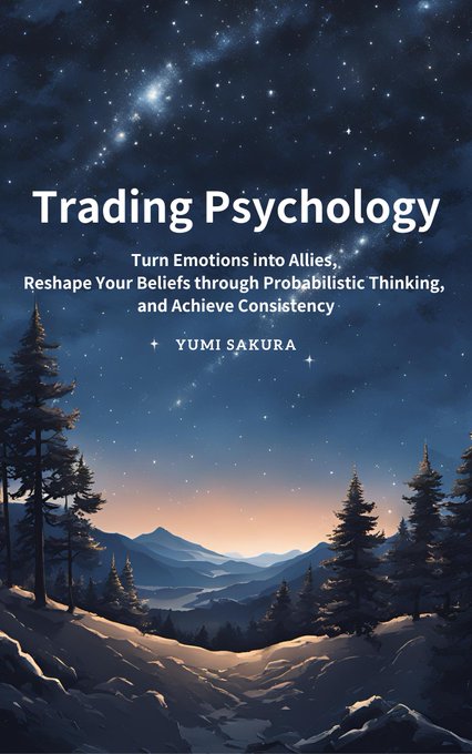 A book cover for 'Trading Psychology' by Yumi Sakura, with the subtitle 'Turn Emotions into Allies, Reshape Your Beliefs through Probabilistic Thinking, and Achieve Consistency' set against an illustrated starry night mountain landscape.