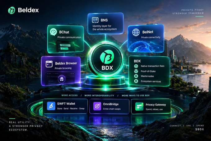 A digital promotional graphic for the Beldex ecosystem, showcasing products like BChat, BelNet, BNS, Beldex Browser, $WFT Wallet, OmniBridge, and Privacy Gateway, with the ticker $BDX.