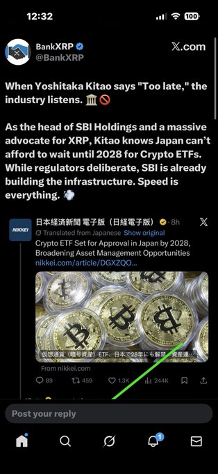 A Twitter/X post from @BankXRP about SBI Holdings' Yoshitaka Kitao advocating for XRP, highlighting Japan's Crypto ETF timeline with a green arrow pointing to the NIKEI article.