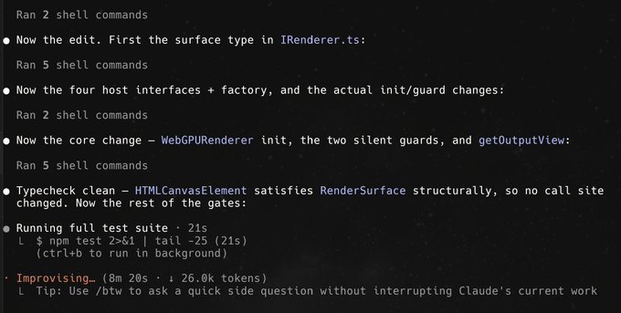 A terminal window showing Claude Code session output with shell commands for editing TypeScript files, including IRenderer.ts and WebGPURenderer changes, with test suite results showing 21s runtime.