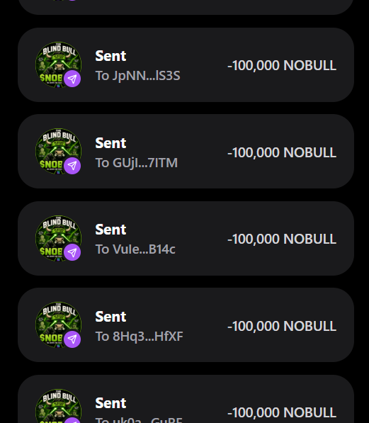 A screenshot showing a transaction history of multiple "Sent" transfers, each for -100,000 NOBULL tokens, sent to various abbreviated Solana wallet addresses (JpNN...lS3S, GUjI...7ITM, Vule...B14c, 8Hq3...HfXF), illustrating the airdrop distribution process mentioned in the post where participants receive 100,000 $NOBULL tokens to their Solana wallets.