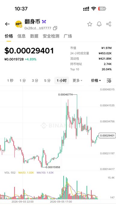 A cryptocurrency trading chart showing the token '翻身币' (FLIP) at $0.00029401, with a +4.89% gain and a market cap of ¥1.97M, displayed on a mobile trading app.