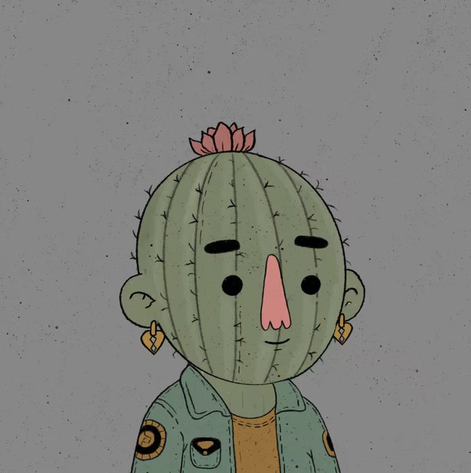 A cartoon character with a cactus for a head and a pink nose stands against a speckled gray background, wearing a green jacket with patches and gold ear earrings. The post humorously comments on the bizarre, surreal NFT artwork, joking about the character's unusual appearance.