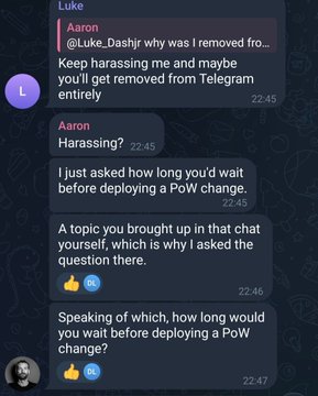 A Telegram chat screenshot shows Luke (@Luke_Dashjr) confronting "Aaron" about being removed and harassed, asking when a Proof of Work change will be deployed, with the post highlighting that Bitcoin lacks a centralized leader who can dictate such protocol changes despite such disputes.