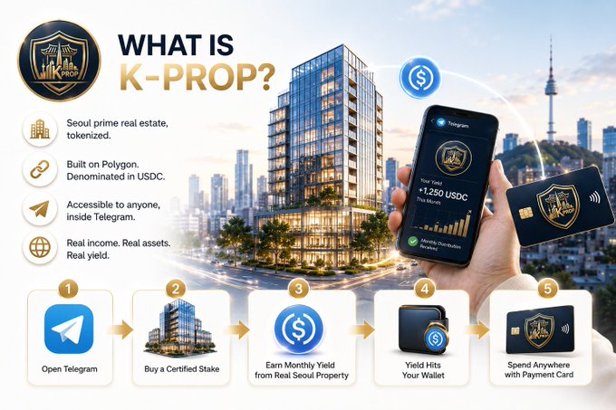 An infographic titled 'WHAT IS K-PROP?' explaining a tokenized real estate project on the Polygon blockchain, showing steps from opening Telegram to spending via payment card, with text like 'Seoul prime real estate, tokenized' and 'Earn Monthly Yield from Real Seoul Property'.
