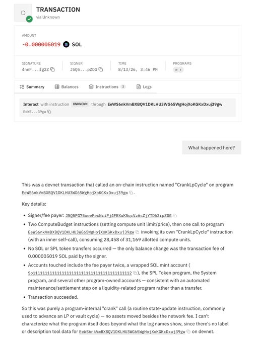 A Solana transaction page showing a successful devnet transaction for -0.000005019 SOL with a 'CrankLpCycle' instruction call, including a detailed explanation of the transaction details.
