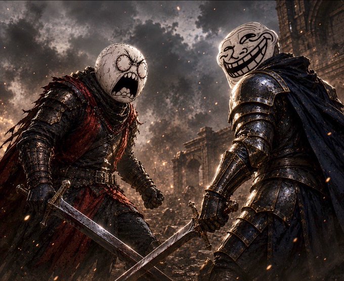 The image features two characters, one wearing a red cape and the other wearing a blue cape, engaged in a fierce battle with swords. The character on the left has a large white head with black eyes and a big mouth, while the character on the right is dressed in full medieval armor. Both characters are holding swords, ready to fight each other. The background of the image shows a castle or ruins, adding an element of danger and excitement to the scene.