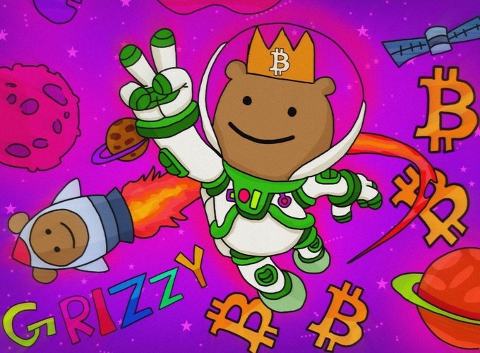 The image features a cartoon bear wearing a spacesuit, holding up two peace signs with one hand while waving his other hand. The background of the image is filled with various planets and stars, creating an impressionistic space theme. In the bottom right corner of the image, there are words that read "RUNS $GRIZZY" and "@BITCOIN_GRIZZY".