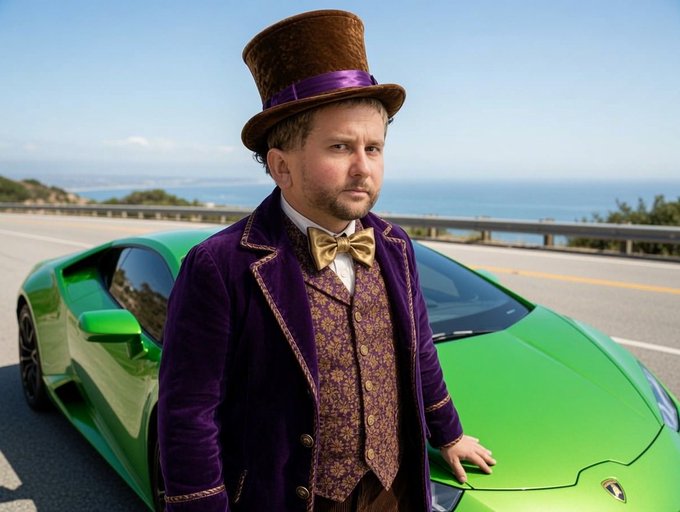 A man dressed as Willy Wonka in a purple velvet coat, brown top hat, and gold bow tie stands in front of a bright green Lamborghini sports car on a coastal road with ocean in the background.