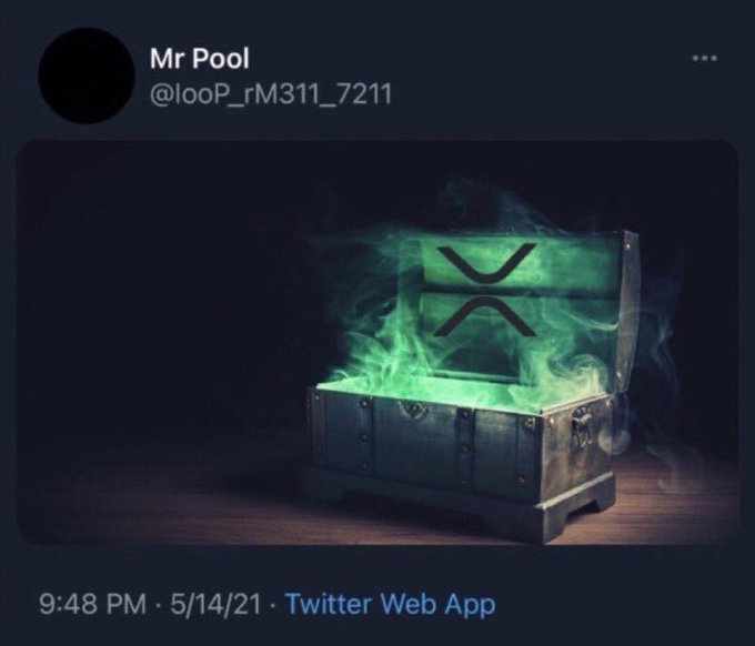 A tweet from 'Mr Pool' (@looP_rM311_7211) dated '5/14/21' featuring an image of a treasure chest emitting green smoke and displaying the XRP logo on its lid.