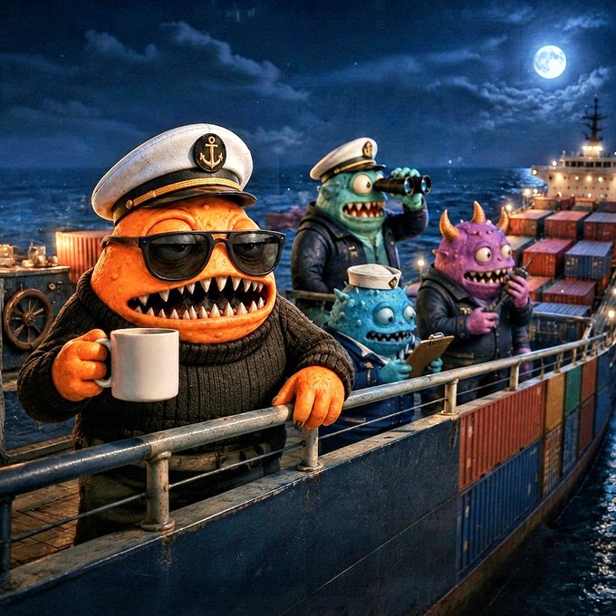 Captain gETHRA, the orange fish in shades and a sailor cap, sips coffee while his crew of sea monsters—binoculars-wielding, clipboard-checking, radio-monitoring—stand watch atop a container ship in the Strait of Hormuz under a full moon. The whimsical nautical scene perfectly captures the post's theme of the "EthraShip" crew keeping vigilant through the night.