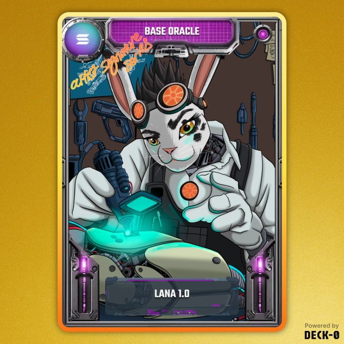 A digital trading card titled 'BASE ORACLE' depicts an anthropomorphic rabbit character in a lab coat wielding a high-tech soldering tool, labeled 'LANA 1.0' at the bottom.