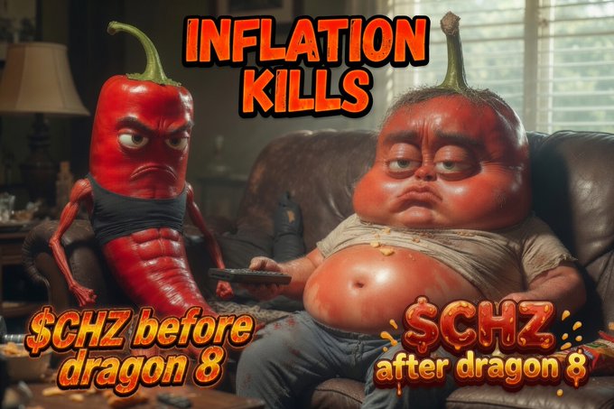 A satirical meme showing two chili pepper characters on a couch with the text 'INFLATION KILLS,' labeling them '$CHZ before dragon 8' (fit) and '$CHZ after dragon 8' (overweight).