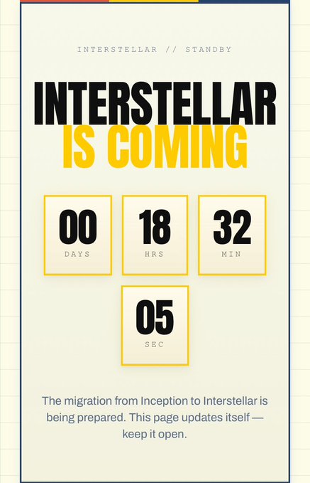 A countdown timer graphic titled "INTERSTELLAR // STANDBY" showing 00 days, 18 hrs, 32 min, 05 sec remaining with text stating "INTERSTELLAR IS COMING".
