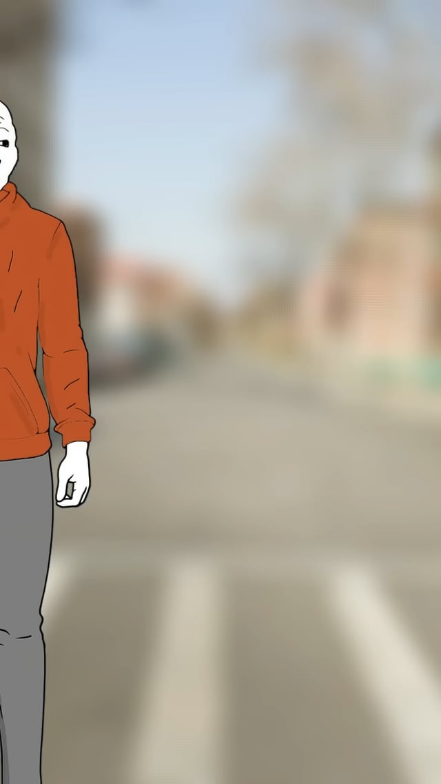 The image depicts a man standing on the street, wearing an orange sweater and gray pants. The background shows a blurred view of buildings and trees beyond the frame. In the caption, "RAWW" suggests that this could be an Eth suggestion for you if you are interested in this particular drawing.