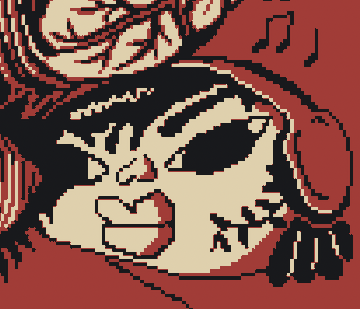 A pixel art illustration showing a white, skull-like face with stitched lips and a wide grin, wearing a dark hood and a red rose, with musical notes floating nearby against a red background.