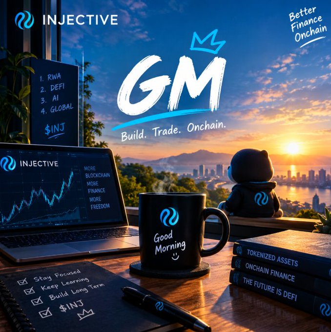 An Injective (INJ) cryptocurrency promotional image featuring a "GM" (Good Morning) graphic with a laptop showing charts, a black mug, and a cat figurine looking at a sunset cityscape. Text includes "Better Finance Onchain," "Build. Trade. Onchain." and a checklist with "$INJ."