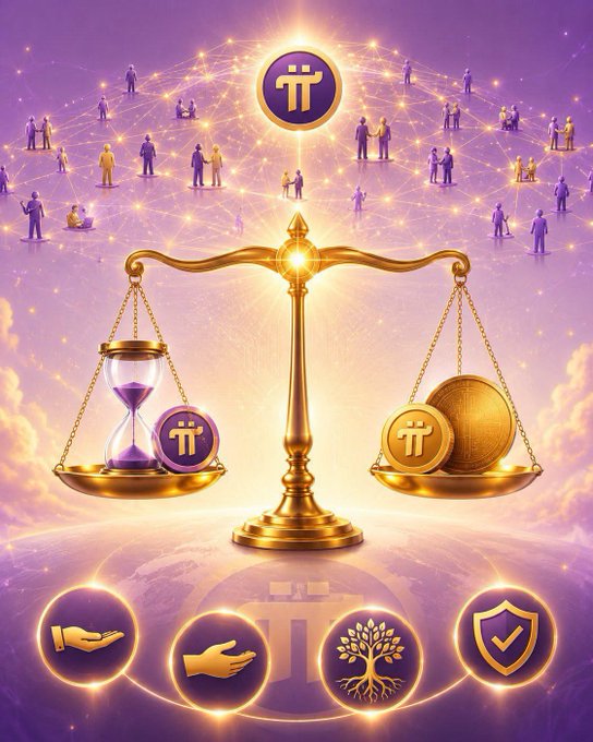 A golden scale balances an hourglass against Pi Network coins, symbolizing the comparison of time and crypto value, while a network of connected users and icons of community, charity, growth, and security illustrate how Pi's ecosystem is measured by its real users and built applications rather than mere trading activity.