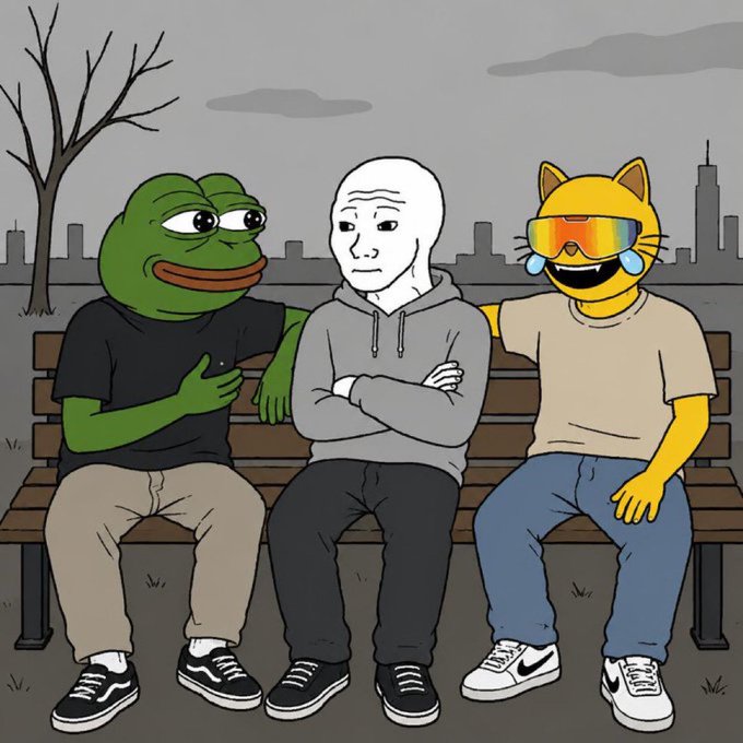 The image features three cartoon characters sitting together on a bench, with one of them wearing sunglasses. The characters include a frog, a cat, and a man. In the background, there are buildings that appear to be part of an urban setting. The caption for this image is "Just 3 bros in the multi-billions waiting room $WOJAK $PEPE $MOG ONETHUM".