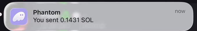 A mobile notification from the Phantom crypto wallet shows a sent transaction of 0.1431 SOL, likely a tip or donation response to the post asking for likes and SOL wallet addresses for "dinner."