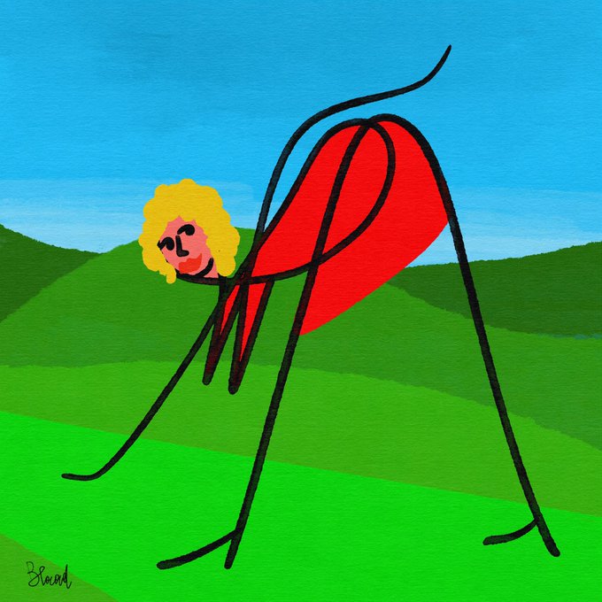A whimsical illustration of a mosquito-like creature with a human face featuring blonde curly hair and a mustache, set against rolling green hills and a blue sky.