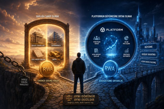 A Turkish-language conceptual graphic comparing 'Varlığa Sahip Olmak' (Owning Assets) with 'Platformun Büyümesine Ortak Olmak' (Being a Partner in Platform Growth) in the context of RWA (Real World Assets).